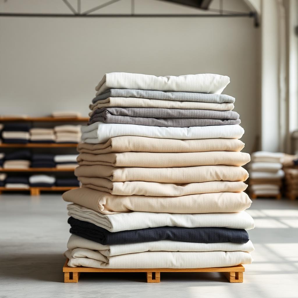 Folded apparel stacks in a wholesale warehouse
